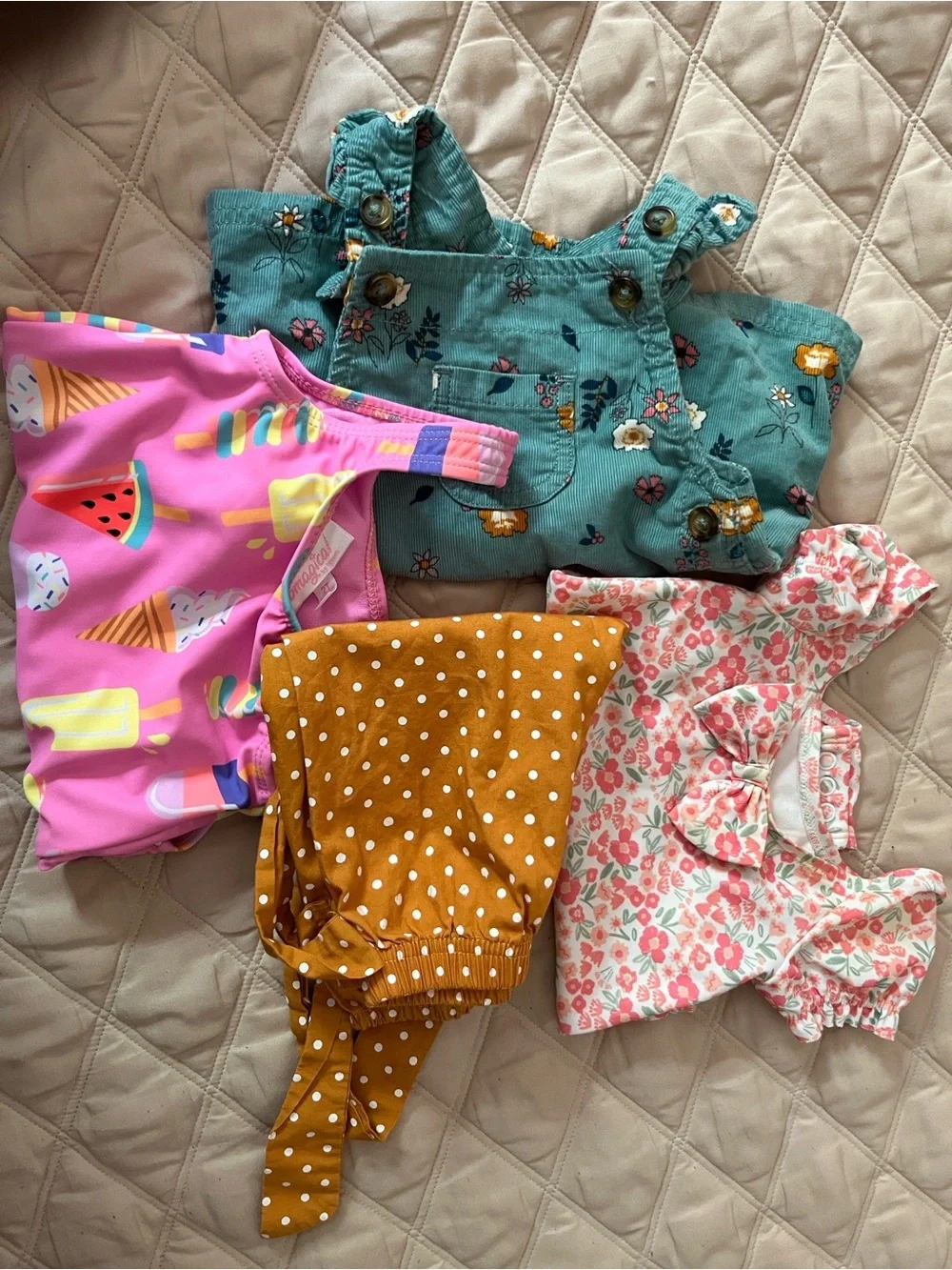 Girls Mixed Outfit Bundle - Teal Floral Overalls + Bright Prints